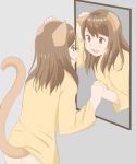  2018 animal_humanoid bottomless brown_hair butt cat_humanoid clothed clothing confusion feline female grey_background hair humanoid mammal mirror open_mouth post_transformation roina shirt simple_background solo 