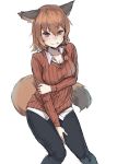  :p animal_ears arm_under_breasts bangs blush breast_hold breasts brown_hair eyebrows_visible_through_hair fox_ears fox_tail hankon highres looking_at_viewer medium_breasts original red_eyes shirt short_hair side_ponytail solo sweater tail tongue tongue_out untucked_shirt 