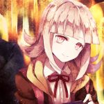  1girl backpack bag bangs black_jacket blurry blurry_background brown_jacket closed_mouth commentary_request danganronpa danganronpa_3 eyebrows_visible_through_hair flipped_hair game_console highres holding jacket looking_at_viewer multicolored multicolored_background nanami_chiaki out_of_frame pink_bag pink_eyes pink_hair red_ribbon ribbon school_uniform shirt short_hair simple_background smile solo solo_focus white_shirt yuizayomiya 