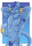  2016 abs aluminemsiren anthro armpit_hair azur biceps biped black_eyebrows blue_background blue_fur blue_hair blue_nose blue_sclera blue_tail blue_theme border bracelet cat chest_tuft cool_colors digital_media_(artwork) eyebrows feline front_view fur gold_(metal) grin hair half-length_portrait inner_ear_fluff jewelry looking_at_viewer male mammal muscular muscular_male nude outside_border pecs portrait pubes short_hair simple_background smile solo standing tail_ring teeth tuft white_border white_eyes 