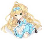  1girl ahoge alice_(wonderland) alice_(wonderland)_(cosplay) alice_in_wonderland apron bangs black_footwear blonde_hair blue_bow blue_dress blush bow club_(shape) commentary_request cosplay diamond_(shape) dress eyebrows_visible_through_hair gradient gradient_background granblue_fantasy green_eyes grey_background hair_between_eyes hair_bow harvin head_tilt heart highres kneehighs long_hair maid_apron melissabelle parted_lips pointy_ears puffy_short_sleeves puffy_sleeves shizukawashi_sumi shoes short_sleeves solo spade_(shape) very_long_hair white_apron white_background white_legwear 