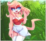  blue_eyes breasts clothed clothing echidna female food forest fruit fur legwear lipstick long_tail looking_at_viewer makeup mammal metalpandora monotreme pink_fur skirt skywaysky solo stockings strawberry teasing totallytits tree 