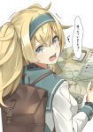  alternate_costume backpack bag blonde_hair blue_eyes commentary gambier_bay_(kantai_collection) hair_between_eyes highres holding holding_map kantai_collection long_hair long_sleeves map negahami open_mouth simple_background solo speech_bubble tears translated twintails white_background 