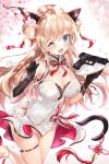  ;d animal_ears bangs black_gloves blonde_hair blue_eyes blush breasts cat_ears cat_girl cat_tail cherry_blossoms covered_navel double_bun dress elbow_gloves eyebrows_visible_through_hair girls_frontline gloves gun hair_between_eyes highres hips large_breasts leg_up long_hair looking_at_viewer mk_23_(girls_frontline) narae one_eye_closed open_mouth smile tail water_drop weapon white_dress 