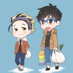  1girl bag black_hair blonde_hair blue-framed_eyewear blue_pants brother_and_sister brown_eyes coat denim ear_piercing glasses hands_in_pockets jeans katsuki_mari katsuki_yuuri multicolored_hair open_mouth pants piercing ruei_(chicking) sandals shopping_bag siblings smile spring_onion two-tone_hair walking yuri!!!_on_ice 