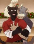  2015 5_fingers aluminemsiren anthro belt black_eyebrows black_fur black_tail cat cheek_tuft christmas christmas_decorations clothed clothing detailed_background digital_media_(artwork) duo eyebrows feline flying_sweatdrops front_view fur grey_fur grey_tail head_tuft holidays hug jace_(relar) male male/male mammal marcus_(relar) mistletoe multicolored_fur open_mouth pants pink_nose pink_tongue plant red_clothing red_eyes red_shirt red_topwear romantic_couple shirt smile standing surprise sweat sweatdrop teeth tongue tuft two_tone_fur white_fur 