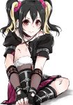  alternate_hair_color arm_belt belt_boots black_choker black_footwear black_gloves black_hair black_legwear blonde_hair boots choker elbow_gloves fingerless_gloves fur-trimmed_legwear fur_trim gloves heart heart_necklace knee_up love_live! love_live!_school_idol_project mismatched_legwear pink_scrunchie red_eyes rurika_seijin scrunchie short_sleeves simple_background sketch solo twintails v-shaped_eyebrows white_background yazawa_nico 