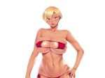  1girl bare_arms bare_legs bare_shoulders bikini blonde_hair blush breast_squeeze breasts closed_mouth cowboy_shot erect_nipples game_cg hand_on_hip highres huge_breasts impossible_clothes koda_diana lips lipstick looking_at_viewer navel oh_yes!_kasshoku_bitch_hitozuma_no_seiyoku_kaishou:_kondo_wa_umi_de_sex_lesson!? oohara_kyuutarou pink_eyes red_bikini red_lips shiny shiny_skin short_hair simple_background smile solo standing thick_eyebrows thong transparent_background upper_body 
