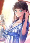  absurdres aqua_eyes asahi_breweries bangs beer_can black_hair breasts can cleavage collarbone commentary_request hair_behind_ear hair_tucking highres holding holding_can japanese_clothes kimono kurosawa_dia long_hair looking_at_viewer love_live! love_live!_sunshine!! medium_breasts mole mole_under_mouth sash shaka_(staito0515) smile solo striped sweat upper_body vertical-striped_kimono vertical_stripes yukata 