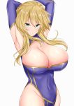  ahoge armpits arms_up artoria_pendragon_(all) artoria_pendragon_(lancer) blonde_hair blue_leotard breasts cleavage cleavage_cutout closed_mouth covered_navel fate/grand_order fate_(series) green_eyes hair_between_eyes highleg highleg_leotard highres hips huge_breasts leotard light_smile looking_at_viewer sankakusui shiny shiny_skin sidelocks simple_background solo standing white_background 