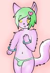  anthro bracelet bulge cat catsikune clothed clothing crossdressing cute erection feline fluffy fluffy_tail fur girly green_hair hair jewelry male mammal miki_(catsikune) navel panties pink_background pink_fur simple_background smile solo underwear yellow_eyes 