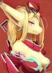  2018 anthro blonde_hair breasts canine clothed clothing digital_media_(artwork) ear_piercing eyelashes female hair kameloh mammal piercing red_background red_eyes simple_background solo 