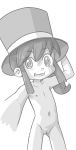  1girl a_hat_in_time blush fang female flat_chest hat hat_kid long_hair looking_at_viewer low_ponytail monochrome navel nipples nude open_mouth ponytail pussy sakuramoto simple_background smile solo standing top_hat uncensored white_background 