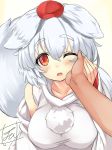  animal_ears bangs blush breasts commentary_request detached_sleeves eyebrows_visible_through_hair hair_between_eyes hand_on_another's_cheek hand_on_another's_face hand_up hat inubashiri_momiji looking_at_viewer medium_breasts one_eye_closed open_mouth orange_eyes out_of_frame pom_pom_(clothes) pov pov_hands short_hair signature solo_focus tail taut_clothes tirotata tokin_hat touhou upper_body white_hair wolf_ears wolf_tail 