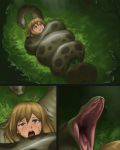  1girl animal blonde_hair clenched_teeth coiled ganima left-to-right_manga nature open_mouth original outdoors restrained silent_comic snake vore 