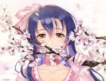  artist_name bangs blue_hair bow branch cherry_blossoms choker gloves hair_between_eyes hair_bow half-closed_eyes holding_branch kino-maru_inu long_hair looking_at_viewer love_live! love_live!_school_idol_project petals pink_bow pink_choker pink_gloves pinky_out portrait shiranai_love_oshiete_love solo sonoda_umi yellow_eyes 