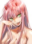  1girl breasts collarbone darling_in_the_franxx eyebrows_visible_through_hair fang green_eyes herozu_(xxhrd) horns long_hair looking_at_viewer medium_breasts nude open_mouth pink_hair red_horns red_pupils simple_background smile solo teeth tongue tongue_out upper_body white_background zero_two_(darling_in_the_franxx) 