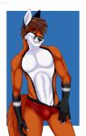  2018 5_fingers absurd_res anthro biting_lip black_fur black_nose brown_hair bulge canine cinta clothed clothing egsaku_(character) eyebrows fox fur girly gloves_(marking) green_eyes hair hi_res inviting looking_at_viewer male mammal markings multicolored_fur orange_fur simple_background solo standing teasing teeth topless two_tone_fur underwear white_fur 