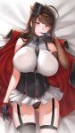 bangs bare_shoulders bed_sheet between_breasts black_gloves breasts brown_hair cape commentary_request dsr-50_(girls_frontline) elbow_gloves elbow_sleeve erect_nipples finger_to_mouth garter_straps girls_frontline gloves hat huge_breasts large_breasts lips long_hair looking_at_viewer lying miniskirt necktie necktie_between_breasts on_back panties parted_lips red_eyes shirt skirt sleeveless sleeveless_shirt solo tsuki_no_i-min underwear 