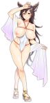  animal_ears arm_up bare_shoulders black_hair blush breasts breasts_outside collarbone commentary_request earrings emua erune granblue_fantasy hair_between_eyes high_heels highres hips ilsa_(granblue_fantasy) jewelry large_breasts legs long_hair nipples o-ring one-piece_swimsuit red_eyes sandals sash simple_background solo sweater swimsuit thighs white_background white_sweater 