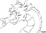  2018 5_fingers ambiguous_gender animated basil_(maim) belly_scales black_and_white claws clothed clothing cute digital_drawing_(artwork) digital_media_(artwork) disembodied_hand dragon duo ears_back eastern_dragon eyes_closed feral fur furred_dragon happy horn long_neck loop maim mane monochrome nodding nude petting scales simple_background smile snout solo_focus toony white_background 
