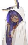  :t animal_ears artist_name blue_eyes blue_hair blush breasts bunny_ears dark_skin facial_mark fate/grand_order fate_(series) hair_between_eyes highres medium_breasts mochii nitocris_(fate/grand_order) nitocris_(swimsuit_assassin)_(fate) solo tsurime v-shaped_eyebrows white_background 