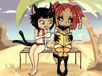 animal_ears antennae ara_(monster_girl_island) barefoot beach bench black_hair black_sclera blush body_markings book carapace cat_ears cat_tail cloud day embarrassed facial_mark fang focused green_eyes highres holding holding_book hornet_girl insect_girl knees_touching looking_down monster_girl monster_girl_island multiple_girls multiple_tails navel nekomata ocean palm_tree pointing reading red_hair sand setz short_hair sitting sitting_on_bench sky smile stinger suzu_(monster_girl_island) sweat swimsuit tail tree twintails two_tails wavy_mouth wings 