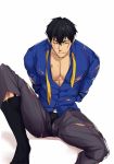  1boy black_hair blood bulge cha_chi_(artist) crotch grin muscle necktie restrained scar sitting socks solo torn_clothes 