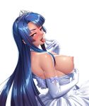  1girl bare_shoulders blue_hair blush breasts bride cleavage curvy dress erect_nipples female happy kagami_hirotaka large_breasts lilith-soft long_hair looking_at_viewer looking_back makeup naughty_face nipples puffy_nipples red_eyes ring saliva shiny shiny_hair shiny_skin simple_background smile solo standing sweat taimanin_(series) taimanin_asagi taimanin_asagi_battle_arena tongue_out wedding_dress white_background yatsu_murasaki 