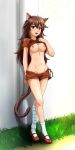  2ch.ru animal_ears bandaged_leg bandages bow braid breasts brown_hair cat_ears cat_tail crossed_legs full_body grass hair_between_eyes hair_ribbon heavy_breathing highres huyase lifted_by_self long_hair looking_at_viewer medium_breasts navel nipples no_bra open_mouth red_shirt red_shorts ribbon shirt shirt_lift short_braid short_shorts shorts side_braid socks solo standing sweat tail uvao-tan wall white_legwear yellow_bow yellow_eyes yellow_ribbon 