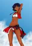  arm_behind_head armpits blue_eyes bob_cut bracelet cloud commentary_request dark_skin day earrings from_below fushigi_no_umi_no_nadia highres hoop_earrings jewelry light_smile loincloth midriff nadia neck_ring necklace panties pantyshot purple_hair ru_pickman short_hair solo strapless tubetop underwear vest wind 