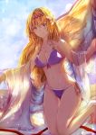  bare_shoulders barefoot bikini blonde_hair blue_eyes commentary_request flag flower granblue_fantasy grin hair_flower hair_ornament highres jeanne_d'arc_(granblue_fantasy) kneeling long_hair looking_at_viewer navel otsunabe_(naabe_delta) purple_bikini side-tie_bikini smile solo sunset swimsuit 