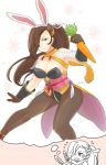  alternate_costume animal_ears black_hair blush breasts bunny_ears carrot cleavage fake_animal_ears fire_emblem fire_emblem_heroes fire_emblem_if flyer_27 gloves hair_over_one_eye highres imagining kagerou_(fire_emblem_if) large_breasts long_hair open_mouth pantyhose ponytail solo 