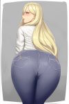  aqua_eyes ass ass_focus blonde_hair blue_pants blush border clenched_teeth commentary cross-laced_clothes denim english_commentary from_behind grey_background hair_over_one_eye half-closed_eye highres jeans kantai_collection leaning_forward legs_together lips long_hair long_sleeves looking_at_viewer looking_back lvl_(sentrythe2310) mole mole_under_eye mole_under_mouth outside_border pants pantylines pocket richelieu_(kantai_collection) shirt simple_background solo standing teeth very_long_hair wavy_hair white_border white_shirt 