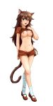  2ch.ru animal_ears bandaged_leg bandages bow braid breasts brown_hair cat_ears cat_tail crossed_legs full_body hair_between_eyes hair_ribbon highres huyase lifted_by_self long_hair looking_at_viewer medium_breasts navel nipples no_bra open_mouth red_shirt red_shorts ribbon shirt shirt_lift short_braid short_shorts shorts side_braid simple_background socks solo standing tail uvao-tan white_legwear yellow_bow yellow_eyes yellow_ribbon 