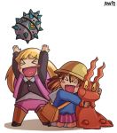  2girls :d ^_^ ayyk92 backpack bag black_footwear blonde_hair blue_shirt blush_stickers closed_eyes commentary creatures_(company) english_commentary eyes_closed ferroseed game_freak gen_2_pokemon gen_3_pokemon gen_5_pokemon hands_up hat highres hug kindergarten_bag kindergarten_uniform kneeling legs_apart long_hair long_sleeves multiple_girls nintendo one_eye_closed open_mouth pleated_skirt pokemon pokemon_(creature) pokemon_(game) pokemon_bw pokemon_xy preschooler_(pokemon) purple_skirt school_hat shirt shoes shorts signature simple_background skirt slugma smile socks standing twintails white_background white_legwear 