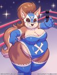  anthro armwear belly big_belly big_breasts blue_eyes breasts brown_fur brown_hair canine cleavage clothed clothing dog elbow_gloves eyelashes fangs female fighting_ring fur gloves grin hair half-closed_eyes legwear mammal mary_blissany mask nekocrispy overweight overweight_female ponytail smile thick_thighs thigh_highs wide_hips wrestling 