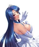  1girl bare_shoulders blue_hair blush breasts bride cleavage curvy dress erect_nipples female happy kagami_hirotaka large_breasts lilith-soft long_hair looking_at_viewer looking_back makeup nipples red_eyes ring shiny shiny_hair shiny_skin simple_background smile solo standing taimanin_(series) taimanin_asagi taimanin_asagi_battle_arena tearing tears wedding_dress white_background yatsu_murasaki 