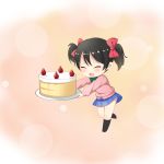  absurdres bangs black_hair black_legwear blue_skirt blush bow bowtie cake chibi chihong_de_tianshi closed_eyes eyebrows_visible_through_hair fang food fruit green_neckwear hair_bow highres holding holding_plate kneehighs long_sleeves love_live! love_live!_school_idol_project open_mouth pink_cardigan plate red_bow sidelocks skirt solo standing standing_on_one_leg strawberry twintails yazawa_nico 