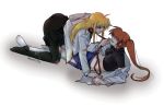  abuse arm_support bdsm black_legwear black_skirt blonde_hair blood bloody_clothes blue_skirt blush breasts brown_hair collar faceless faceless_female fate_testarossa jacket leash leash_pull long_hair lyrical_nanoha mahou_shoujo_lyrical_nanoha mahou_shoujo_lyrical_nanoha_strikers medium_breasts midriff multiple_girls off_shoulder pantyhose shirt side_ponytail side_slit skirt sos77755 speech_bubble straddling takamachi_nanoha tank_top thighhighs torn_clothes torn_legwear tsab_air_military_uniform tsab_executive_military_uniform white_background white_jacket white_legwear white_shirt yuri 