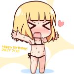  &gt;_&lt; :d bangs bare_arms bare_legs bare_shoulders barefoot bikini black_bikini blonde_hair blunt_bangs blush chibi closed_eyes collarbone commentary_request dated eyebrows_visible_through_hair facing_viewer full_body gochuumon_wa_usagi_desu_ka? groin hana_kazari happy_birthday heart kirima_sharo micro_bikini navel nose_blush open_mouth outstretched_arms side-tie_bikini smile solo standing swimsuit wet xd 