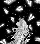  black_background dress greyscale long_hair looking_up migite09 monochrome original paper_airplane profile solo stipple_coloring 