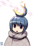  blue_hair d: empty_eyes gundam hair_bun kaneko_tsukasa melting open_mouth purple_eyes shawl shima_rin solo white_background yurucamp 