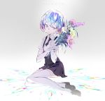  androgynous black_footwear black_neckwear blue_eyes character_name commentary_request crystal_hair diamond diamond_(houseki_no_kuni) elbow_gloves flower full_body gem_uniform_(houseki_no_kuni) gloves highres houseki_no_kuni looking_to_the_side necktie shoes short_hair short_sleeves simple_background sitting solo sparkle suspenders tennohi thighhighs white_legwear 