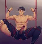  1boy abs anal ass barefoot black_hair blue_eyes cha_chi_(artist) erection feet free! male_focus muscle nipples penis restrained rope sex_toy solo_focus swimwear toes topless torn_clothes 
