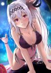  arm_support bangs banner bare_arms bare_shoulders bikini blush breasts cleavage collarbone commentary dark_jeanne eyebrows_visible_through_hair feathers flower foreshortening front-tie_bikini front-tie_top granblue_fantasy hair_between_eyes hair_feathers hair_ornament high_heels highres horizon jeanne_d'arc_(granblue_fantasy) kanzaki_kureha large_breasts legs_up long_hair looking_at_viewer navel night night_sky open_mouth outdoors red_eyes ribbon side-tie_bikini sidelocks silver_hair sky smile solo swimsuit tareme very_long_hair 