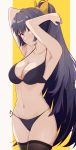  armpits arms_up bare_arms bare_shoulders benghuai_xueyuan bikini black_bikini black_hair black_legwear black_ribbon blush breasts cleavage closed_mouth collarbone eyebrows_visible_through_hair groin hair_intakes high_ponytail highres honkai_impact long_hair medium_breasts navel purple_eyes raiden_mei ribbon side-tie_bikini smile solo stomach swimsuit thighhighs two-tone_background very_long_hair vic yellow_background 