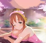  bath bathing blush breast_rest breasts brown_eyes brown_hair bush cherry_blossoms commentary_request fence heart highres idolmaster idolmaster_cinderella_girls large_breasts looking_at_viewer mountain naked_towel natsuya one_eye_closed onsen outdoors partially_submerged rock smile solo steam totoki_airi towel towel_on_head water wet wooden_fence 