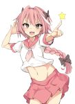  :d astolfo_(fate) bangs black_bow blush bow braid collarbone commentary contrapposto cowboy_shot crop_top dot_nose eyebrows_visible_through_hair eyelashes fang fate/apocrypha fate/grand_order fate_(series) groin hair_between_eyes hair_bow hair_intakes hands_up hatching_(texture) highres index_finger_raised long_hair looking_at_viewer male_focus miniskirt multicolored_hair navel neckerchief open_mouth otoko_no_ko pink_eyes pink_hair pink_neckwear pink_sailor_collar pink_skirt pleated_skirt pointing pointing_at_viewer sailor_collar school_uniform serafuku shirt short_sleeves simple_background single_braid skirt sleeve_cuffs smile solo standing star star-shaped_pupils stomach streaked_hair symbol-shaped_pupils v-shaped_eyebrows white_background white_hair white_shirt zeroyama 