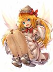  :d blonde_hair blue_eyes bow bowtie buttons commentary_request convenient_leg dorsiflexion eyebrows_visible_through_hair fairy_wings hair_bow hands_up hat houdukixx knees_up lily_white long_hair long_sleeves loose_socks open_mouth petticoat red_bow red_neckwear shirt shoes simple_background skirt smile socks solo tongue touhou upper_teeth white_background white_footwear white_hat white_legwear white_shirt white_skirt wide_sleeves wings 
